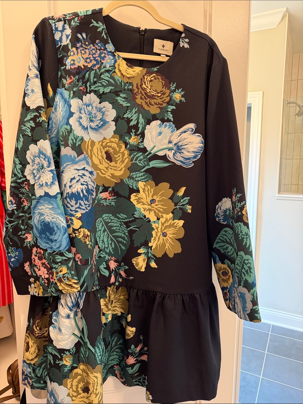 Tuckernuck Black Floral Drop-Waist Dress with Blue and Yellow Blooms